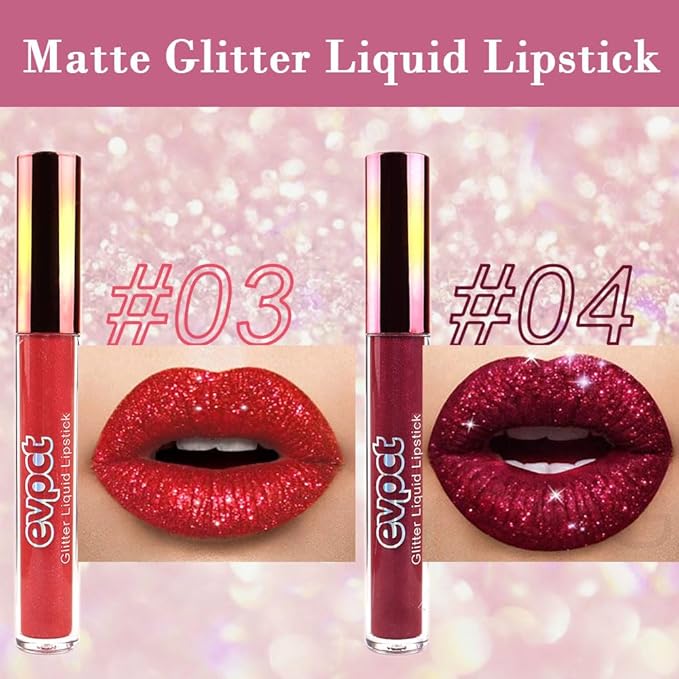 evpct 2Pcs Red Glitter Metallic Shimmer Diamond Lipstick Lip Gloss Stain Set for Women Long Lasting Waterproof, Dark Hot Bright Red Sparkle Glitter Matte long wear Liquid Lipstick Lip Makeup Kit-VivaGrace Women
