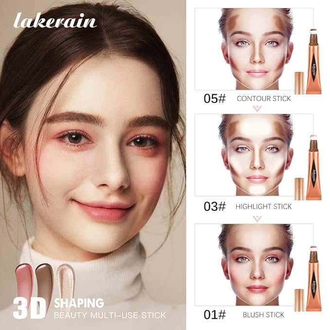 3 Pcs YU KUI LX Liquid Beauty Stick, Highlighter Makeup, Blush Stick, Liquid Highlighter, Contour StickMultifunctional Beauty Stick，Beauty Cream With Cushion Applicator (01#+03#+05#)-VivaGrace Women