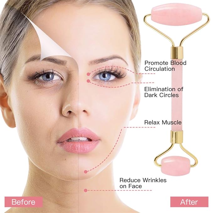Jade Roller,Rose Quartz Roller for Face,Jade Skincare Tool,Jade Facial Roller,Eye Roller Anti Aging Jade Massager Roller Slimming Healing Chakra Tool A-Rose Quartz (Golden)-VivaGrace Women
