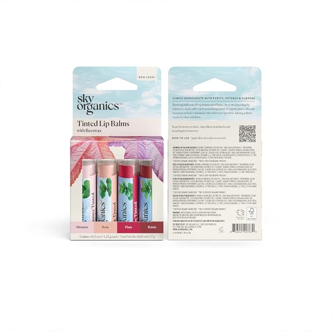 Sky Organics Tinted Lip Balms for Lips to Moisturize, Soften & Add A Wash of Color, Four Assorted Shades, 4pk.-VivaGrace Women