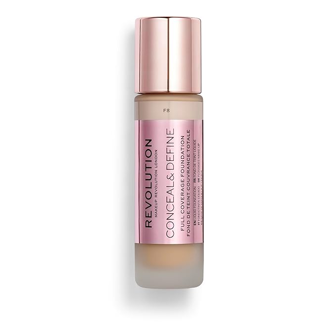 Revolution Beauty, Conceal & Define Foundation, Full Coverage, Long-Lasting Matte Finish, Vegan & Cruelty Free, F8 Light to Medium Skin Tones, 0.8 Fl.Oz.-VivaGrace Women