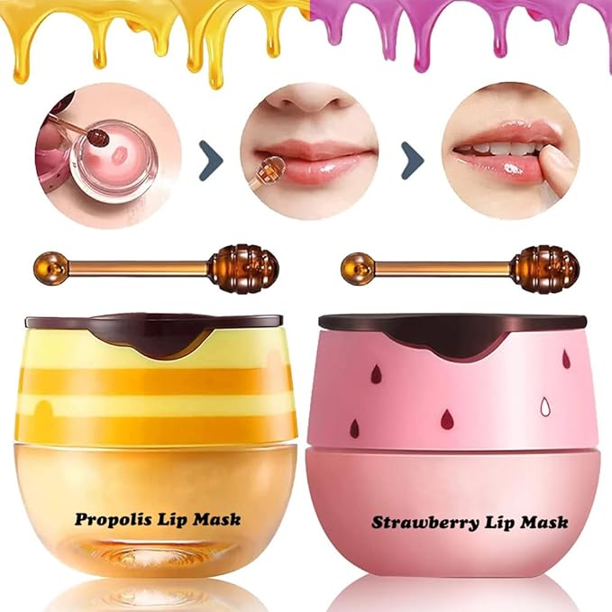 3Pcs Honey Lip Balm Honey Pot, Strawberry& Apple Lime Lip Mask Overnight Propolis Moisturizing Lip Balm Hydrating Prevention Dry and Crack Lip Scrubs Exfoliator, Beeswax with Vitamin E-VivaGrace Women