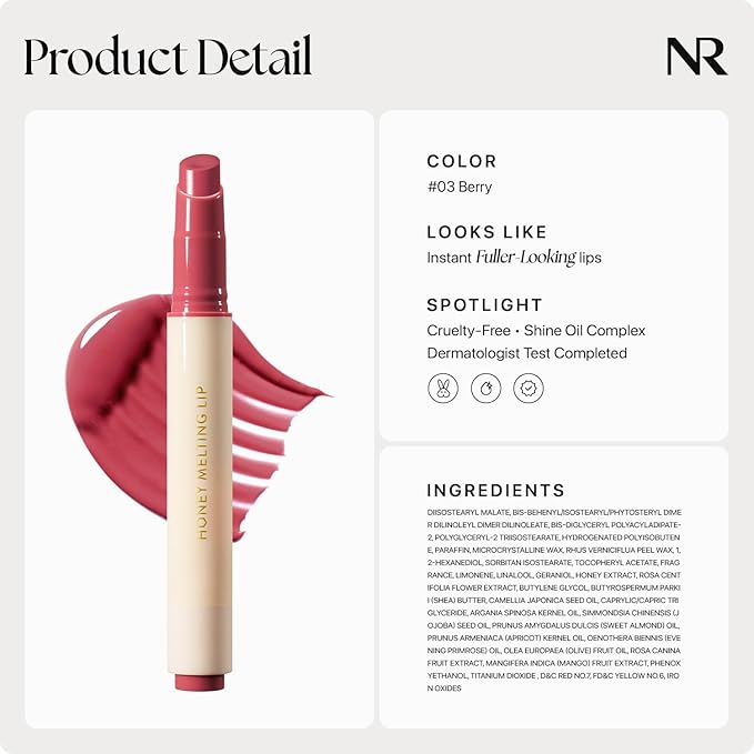 Nature Republic HONEY MELTING LIP (03 BERRY) SOFT LIP STICK, Hydrating Gloss, Moisturizing balms, Sheer tint, Shine & Glowy Finish, korean make up-VivaGrace Women