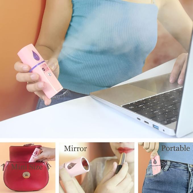 Nano Facial Mister Portable Mist Sprayer with Mirror Mini Cool Mist Spray for Skin Care & Facial Body Moisturized & Eyelash Extensions, USB Rechargeable (Pink)-VivaGrace Women