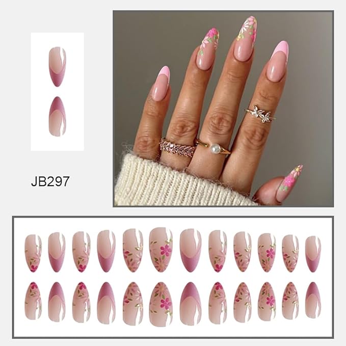 Pink French tips Press on Nails Medium Almond Fake Nails with Design Pink Flower Glue on Nails Glossy Daisy Spring Nails Reusable Summer False Nails for Women Girls Manicure 24pcs