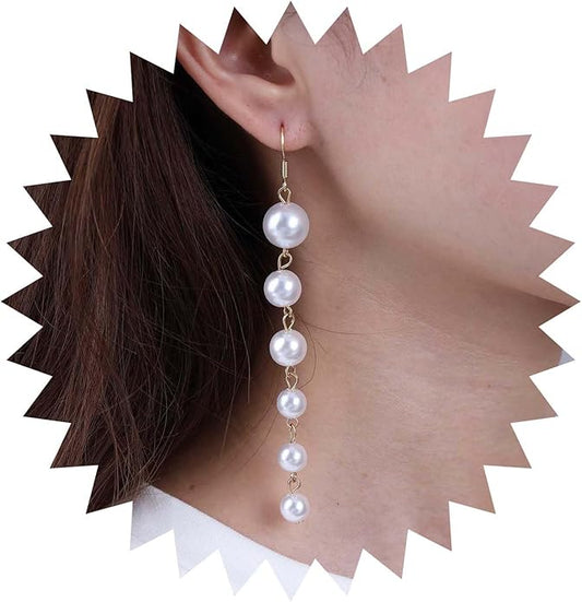 Boho Long Pearl Drop Earrings Vintage Gold Tassel Pearl Dangle Earrings Statement Pearl Chain Drop Dangle Earrings Wedding Prom Bridal Pearl Hook Earrings Jewelry for Women-VivaGrace Women