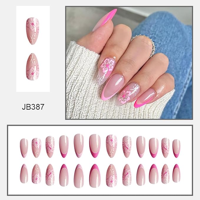 Pink French tips Press on Nails Medium Almond Fake Nails with Design Pink Flower Glue on Nails Glossy Spring Nails Reusable Summer False Nails for Women Girls Manicure 24pcs