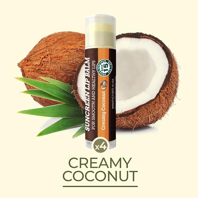 SPF Lip Balm 4-Pack by Earth's Daughter - Lip Sunscreen, SPF 15, Organic Ingredients, Coconut Flavor, Beeswax, Coconut Oil, Vitamin E - Hypoallergenic, Paraben Free, Gluten Free, New-VivaGrace Women
