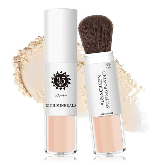 Mineral Sunscreen Setting Powder Mineral Brush Powder SPF 35 PA+++ Oil Control Matte Effect Lightweight Breathable Translucent Powder Setting Powder Sunscreen Makeup for Face with Brush - 02 Fair-VivaGrace Women