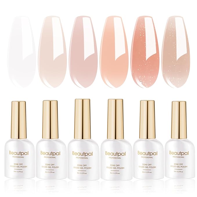 Beautpal Jelly Gel Polish Sheer Pink Crystal Transparent Milky White Nude Sheer Gel Nail Polish Kit for Salon Gel Manicure and Nail Art Collection Gift Set 8ML 6PCS