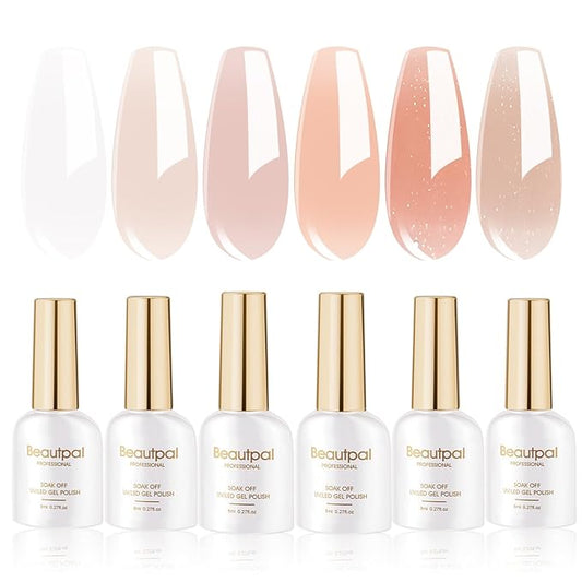 Beautpal Jelly Gel Polish Sheer Pink Crystal Transparent Milky White Nude Sheer Gel Nail Polish Kit for Salon Gel Manicure and Nail Art Collection Gift Set 8ML 6PCS