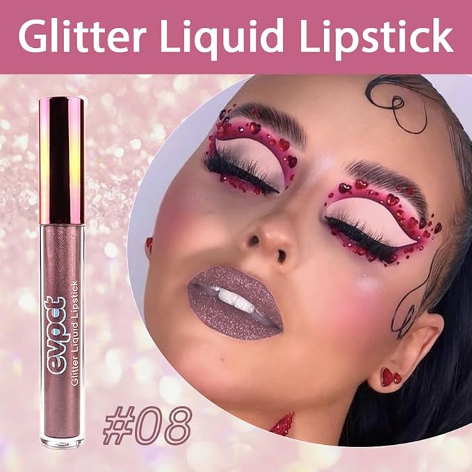 evpct 1Pcs Taupe Mauve Glitter Metallic Shimmer Diamond Lipstick Lip Gloss Stain Set for Women Long Lasting Waterproof, Mauve Purple Sparkle Glitter Matte long Wear Liquid Lipstick Lip Makeup Kit, 08#-VivaGrace Women