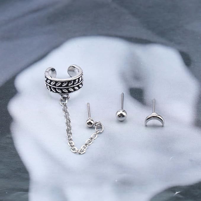 Bohemia Moon Cuff Chain Earrings Silver Chain Climber Dangle Earrings Tassel Chain Cartilage Earrings Chain Drop Dangle Earrings Set for Women and Girls-VivaGrace Women