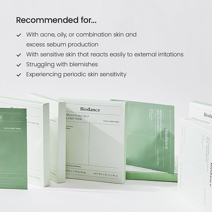 BIODANCE Refreshing Sea kelp Real Deep Mask, Overnight Hydrogel Mask, Calming, Oil & Sebum Control, Blemish Care, Korean Skincare | 1.19oz(34g) x 4ea-VivaGrace Women