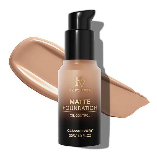 FV Full Coverage Liquid Foundation, Lightweight & Concealing, Long Lasting Matte Foundation Makeup with Flawless Finish, Oil Control Waterproof Foundation for Oily Skin (Classic Ivory Matte)-VivaGrace Women