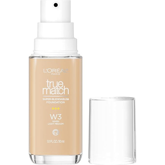 L'Oreal Paris True Match Super-Blendable Foundation, Medium Coverage Liquid Foundation Makeup, W3, Light Medium, 1 Fl Oz-VivaGrace Women