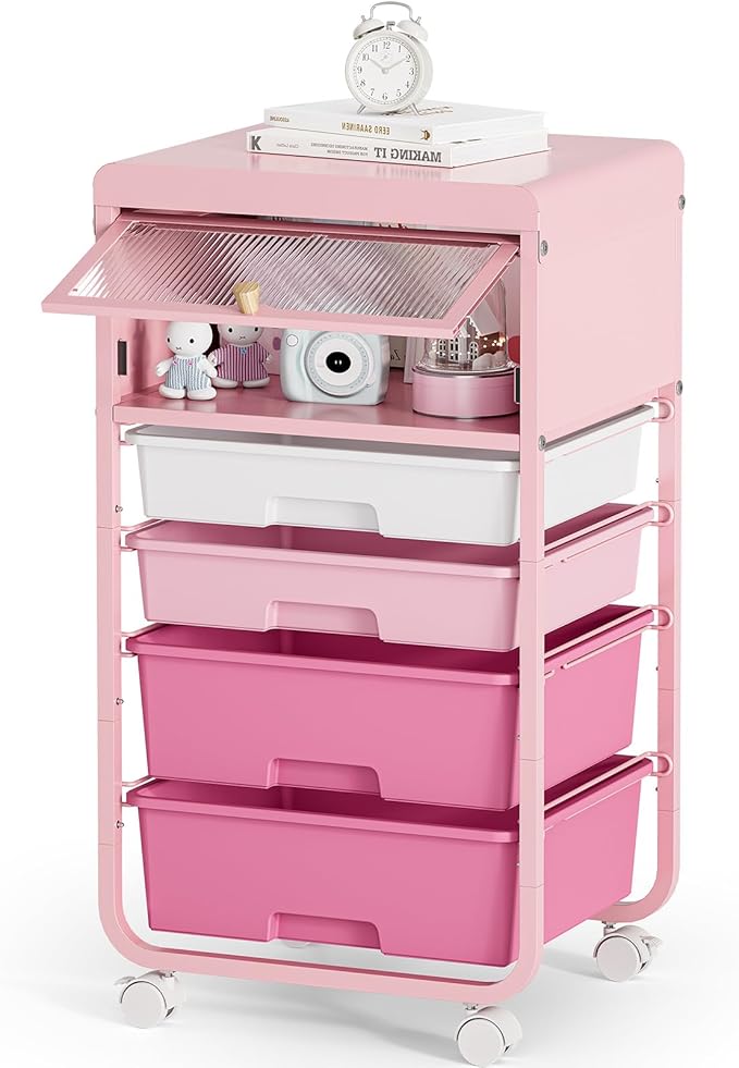 Utility-Rolling-Storage-Drawer-Craft-Cart-Organizers with 4 Drawers & Dust-Proof Door for Kid Craft Art Room,Bedroom,Home Office, Classroom, Rose Pink-VivaGrace Women