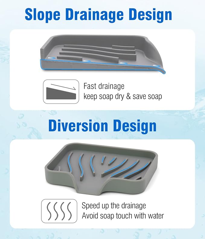 3-Pack Silicone Soap Dish, Sponge Holder for Sink, Kitchen Soap Tray, Bathroom Soap Holder, Sponge Tray with Drain (Grey)-VivaGrace Women
