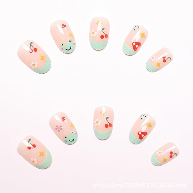 Cute Almond Press on Nails Short Green French Tip Fake Nails Summer False Nails with Frog Designs Flowers Cherry Acrylic Nails Glossy Glue on Nails Mushroom Reusable Stick on Nails 24 Pcs