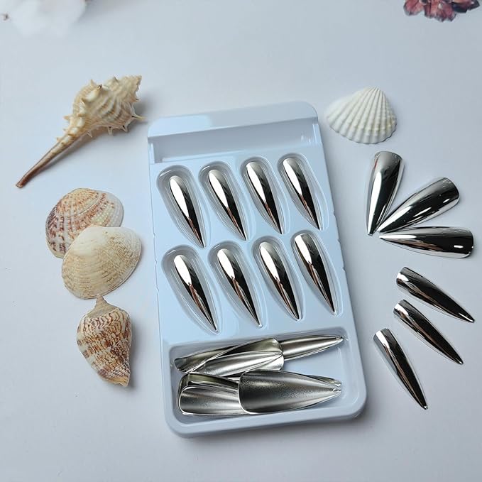 24pcs Silver Chrome Press On Stiletto Glossy Mirror Full Cover Acrylic Ballerina Glue On Almond Shape False Nails for Women & Girls