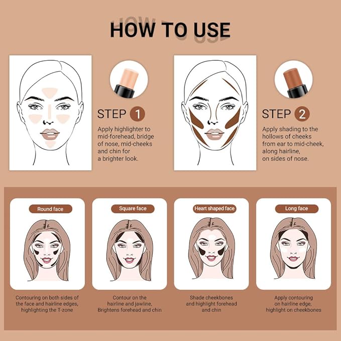 evpct 4 Color Contour Stick Makeup Set Concealer Bronzer Stick Cream Contour Palette Contour Contouring Makeup Kit for Beginner Face Highlighter Makeup Stick Liquid Contour contorno maquillaje 02+03-VivaGrace Women