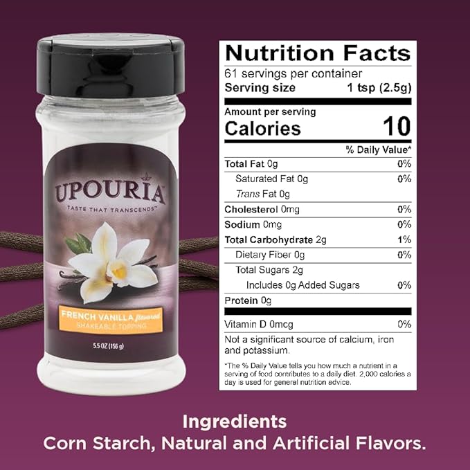 Upouria Vanilla Flavored Shakable Topping for Coffee, Lattes, Desserts, Gourmet Vanilla Taste, 5.5oz