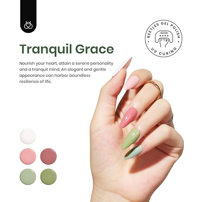 Beetles Gel Nail Polish, 6 Colors Sage Green Tranquil Grace Collection Pink Olive Green White UV Gel Nail Polish Manicure Art Design Gifts for Women-VivaGrace Women