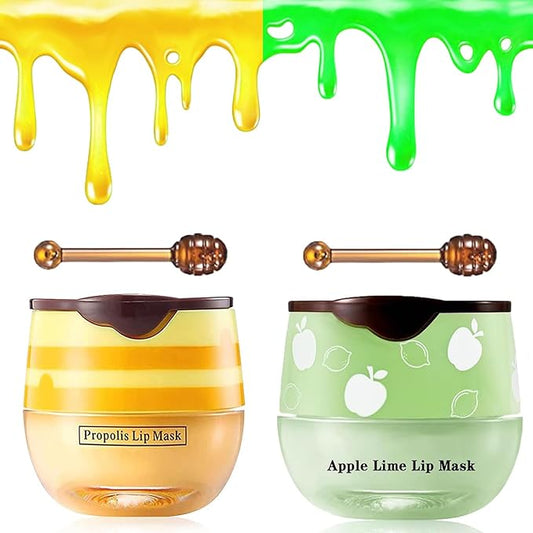 2 PCS Bee Lip Balm Honey Pot, Honey & Apple Lime Sleeping Lip Mask Overnight, Hydrating Prevention Dry and Cracked Lip Scrub, Reduces Lip Lines, Brightening Lip Color-VivaGrace Women