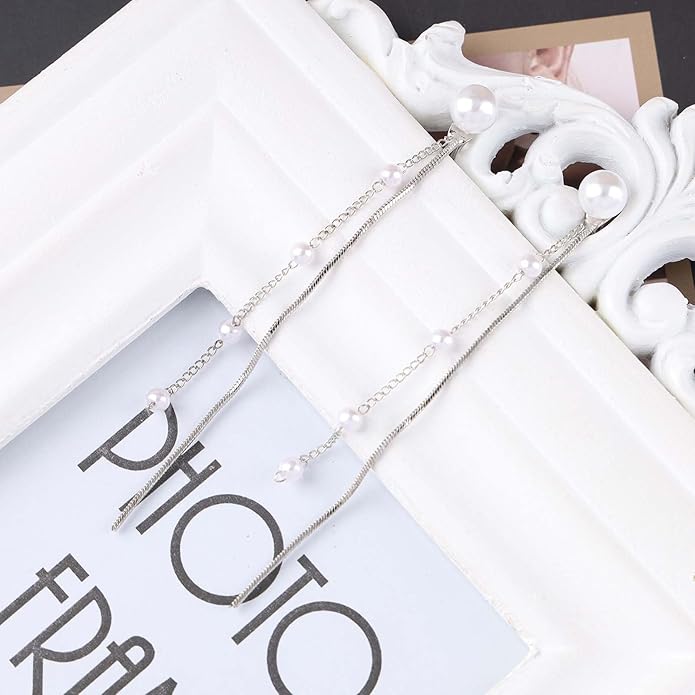 Vintage Pearl Dangle Earrings Long Pearl Chain Earrings Silver Pearl Tassel Drop Earrings Tiny Pearl Bridal Earrings Jewelry for Women-VivaGrace Women