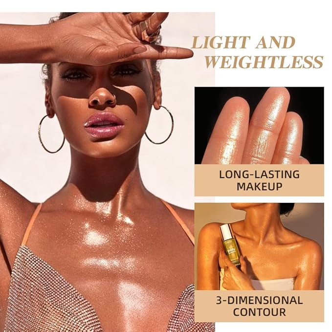 40ml Body Shimmer Oil,Face and Body Liquid Luminizer,Smooth Body Shimmer Oil For Sunshine Bath, Waterproof Moisturizing Light Shimmer Glow Illuminator,Liquid Highlighter Makeup,Makeup Brush Include (5#-Gold)-VivaGrace Women