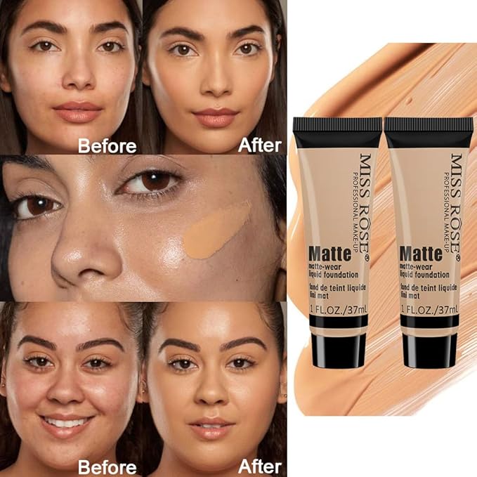 2 Pack Liquid Foundation Cream for Face Makeup,Durable Full Coverage Matte Concealer Make Up,Oil Control & Waterproof Base Primer -1+1 Fl.Oz (BEIGE 7#)-VivaGrace Women