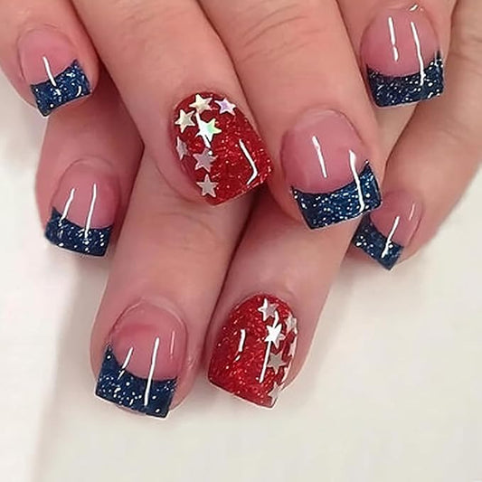 24Pcs 4th of July Press on Nails Short Square Fake Nails with Glitter American Flag Star Design Glue on Nails Blue French Tip False Nails Independence Day Patriotic Acrylic Nails Decoration Kit