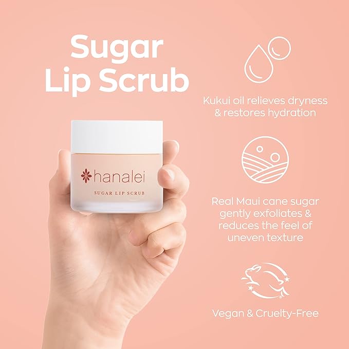 Hanalei Vegan and Cruelty-Free Sugar Lip Scrub Exfoliator | Hawaiian Cane Sugar, Kukui Oil, Shea Butter | Exfoliate, Smooth, Rejuvenate Lips | Made in USA | Lip Care (22 g)-VivaGrace Women