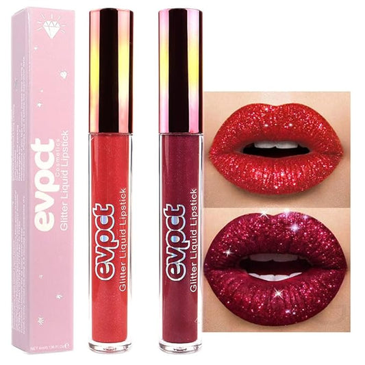 evpct 2Pcs Red Glitter Metallic Shimmer Diamond Lipstick Lip Gloss Stain Set for Women Long Lasting Waterproof, Dark Hot Bright Red Sparkle Glitter Matte long wear Liquid Lipstick Lip Makeup Kit-VivaGrace Women