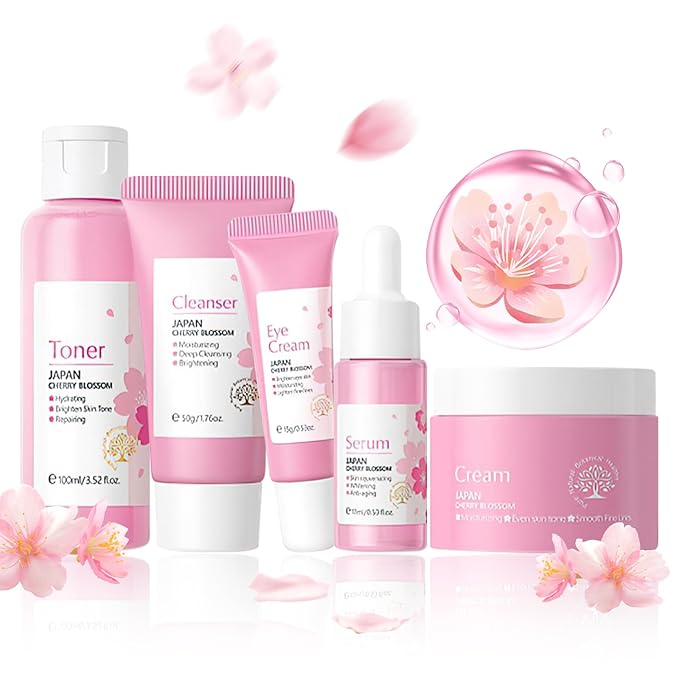 Skin Care Set, Cherry Blossom Skin Care Sets & Kits, Skin Care for Teenage Girls Gift Set with Cleanser, Toner, Serum, Eye Cream, Facial Cream, Facial Skin Care Sets & Kits for Teenage Girls Women-VivaGrace Women