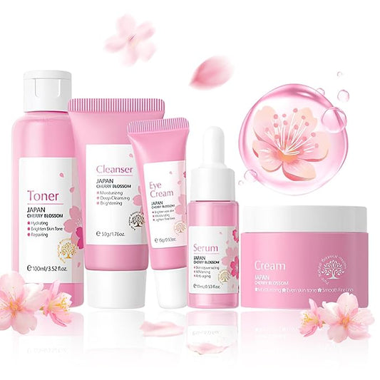 Skin Care Set, Cherry Blossom Skin Care Sets & Kits, Skin Care for Teenage Girls Gift Set with Cleanser, Toner, Serum, Eye Cream, Facial Cream, Facial Skin Care Sets & Kits for Teenage Girls Women-VivaGrace Women