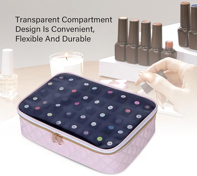 Nail Polish Bag organizer-Holds 40 bottles(15ml-0.5fl.oz)，Nail Polish Carrying Case Clear Multifunctional Cosmetic Travel Cases Makeup Bags Pink