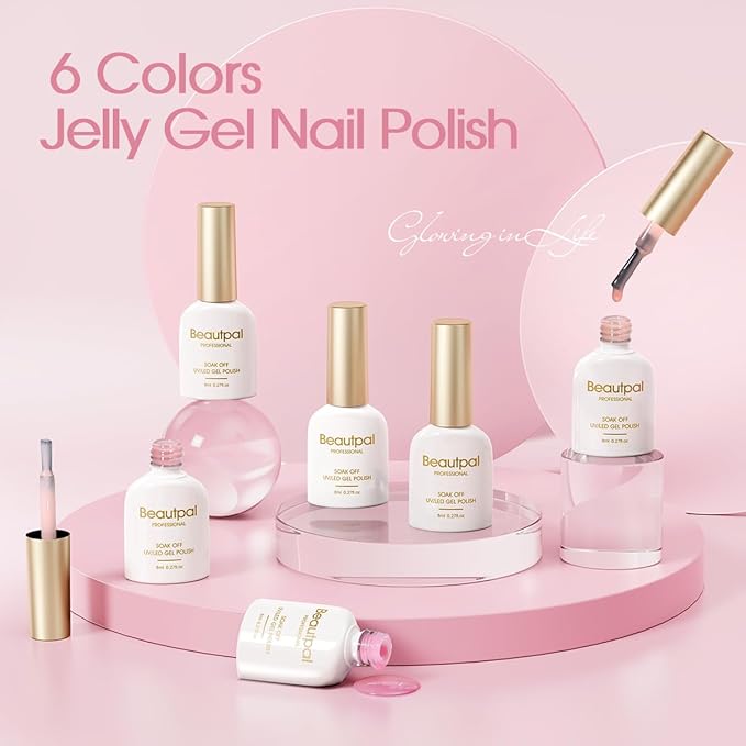 Beautpal Milky Jelly Gel Nail Polish Set of 6 Colors 8ml Nude Pink Transparent Gel Polish Sheer Nude Gel Polish Kit for Salon Gel Manicure and Nail Art DIY at Home