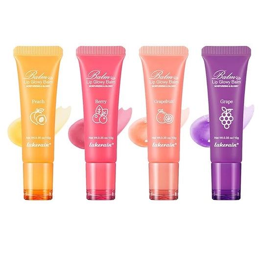 Lip Glowy Balm,4 Pack Fruit Glowy Lip Balm,Vitamin E Lip Glowy Balm Set Reduce Lip Lines, Enhance Lip Color,Moisturizing & Plump Quickly Replenishing Moisture and Relieving Dry Lips-VivaGrace Women