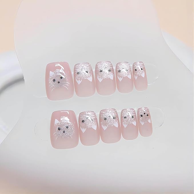 Medium Press on Nails Square Fake Nails Pink Cat Eye Nail Press ons Acrylic False Nails with Cute Cat Designs Glitter Artificial Nails Glossy Glue on Nails Natural Stick on Nails for Women