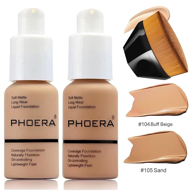 2 Pcs Liquid Foundation Full Coverage 24HR 30ml Matte Oil Control Foundation Makeup Concealer (Buff Beige & Sand) with Kabuki Foundation Brush Flat Top-VivaGrace Women