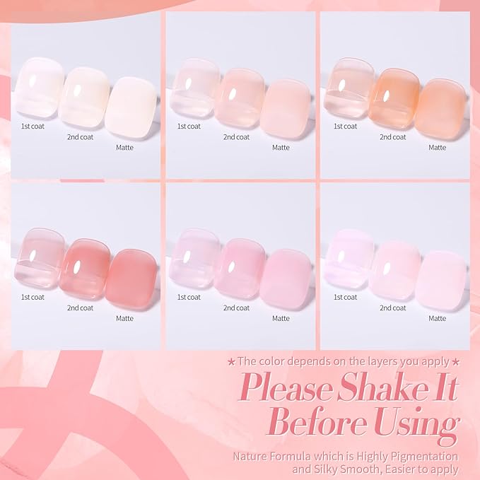 Born Pretty Jelly Pink Gel Nail Polish Nude Pink Sheer Translucent Gel Polish Milky Natural Gel Polish Set Nail Art Manicure DIY Kit Home Salon 6PCS-VivaGrace Women