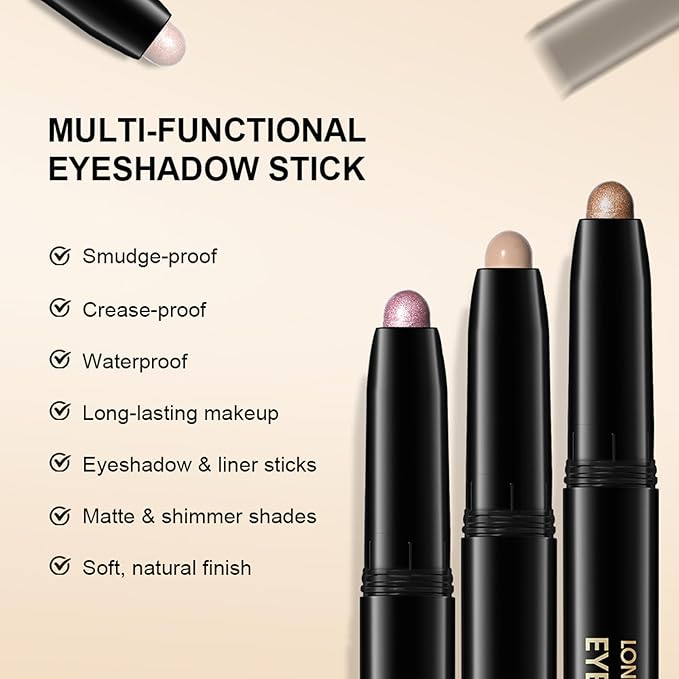Eyeshadow Stick, Shimmer and Matte Cream Eye Shadow Brightener Sticks Eyeliner Pencil Crayon, Waterproof Long Lasting Eye Highlighter Stick Makeup,0.056 Oz(2PCS #1-Caramel+#9-Champagne)