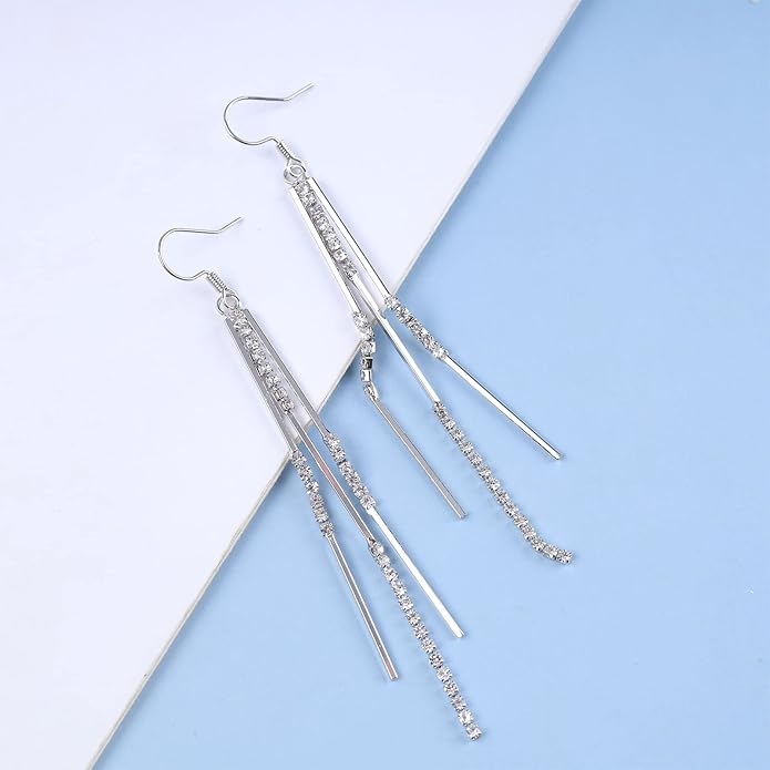 Vintage Crystal Tassel Earrings Rhinestone Bar Drop Earrings Long Rhinestone Chain Earrings Gold Cz Bar Hook Earrings Sparkle Tennis Chain Earrings Jewelry for Women-VivaGrace Women