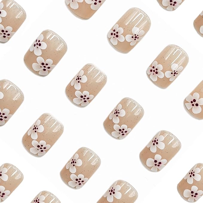 24 Pcs Flower Press on Nails Short Square Shaped Fake Nails Spring False Nails with White Gradient Floral Designs Glitter Acrylic Nails Full Cover Sprakly Stick on Nails for Women Nail Art Manicure
