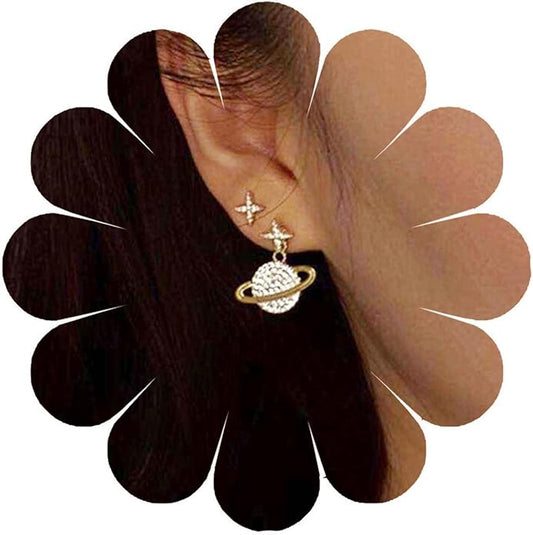 Crystal Saturn Planet Jacket Earrings Vintage Saturn Dangle Earrings Rhinestone Planet Drop Earrings Gold Cz Northstar Stud Earrings Celestial Front Back Earrings for Women Gifts-VivaGrace Women