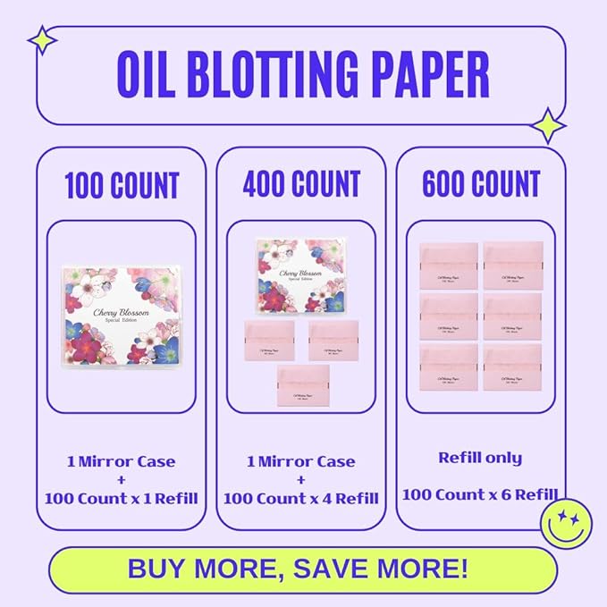[100 Counts + Mirror Case] Cherry Blossom Natural Oil Blotting Paper for Face Korean with Mirror Case-VivaGrace Women