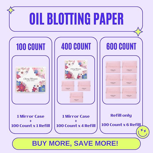 [100 Counts + Mirror Case] Cherry Blossom Natural Oil Blotting Paper for Face Korean with Mirror Case-VivaGrace Women
