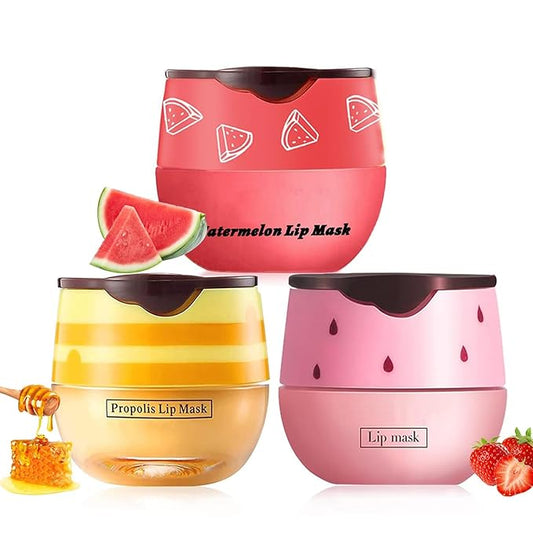 3 PCS Bee Lip Balm Honey Pot, Honey & Strawberry & Watermelon Lip Mask Overnight Moisturizing Lip Sleep Mask with Stick Hydrating & Prevention Dry and Cracked Lip Scrubs Exfoliator-VivaGrace Women