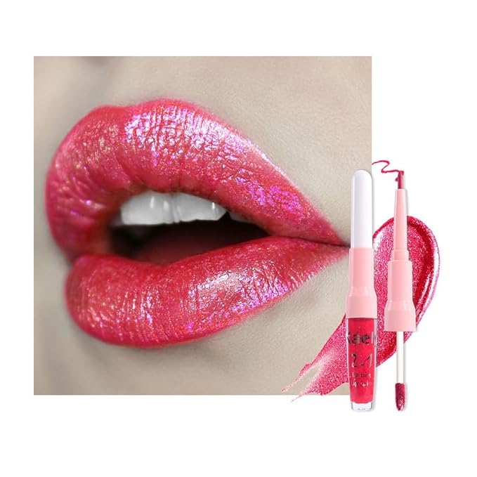 evpct Crushed Ruby Red Metallic Glitter Lip Liner and Lipstick Combo Lip Gloss Stain Set Makeup for Women Long Lasting Waterproof 24, Red Frosted Metallic Shimmer Glossy iridescent Liquid Lipstick 18-VivaGrace Women